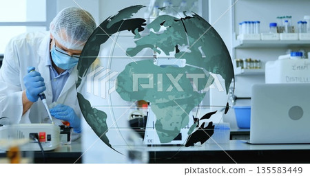 Scientist in lab coat performing precise pipetting at lab bench, with micropipette, copy space 135583449