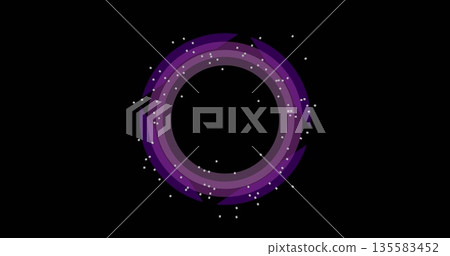 Generating purple concentric rings and violet segments on black void, with white square particles Generating purple concentric rings and violet segments on black void, with white square particles 135583452