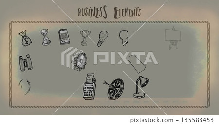 Displaying sketched business icons on parchment backdrop, with money bag, hourglass and light bulb Displaying sketched business icons on parchment backdrop, with money bag, hourglass and light bulb 135583453