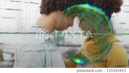 Couple touching heads wearing white shirt yellow top in home with multi pane window, glitch overlay Couple touching heads wearing white shirt yellow top in home with multi pane window, glitch overlay 135583455