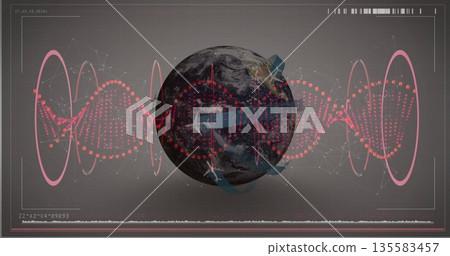 Displaying 3D Earth globe on grey interface background, with arrows, red waveform and white nodes 135583457