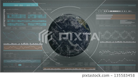 Displaying 3D-rendered globe with network nodes and panels in control center, with waveform charts Displaying 3D-rendered globe with network nodes and panels in control center, with waveform charts 135583458