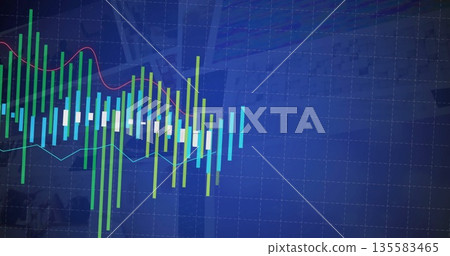 Displaying chart on financial interface, with grid overlay, candlestick bars and red and cyan lines 135583465