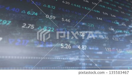 Displaying data interface showing numeric values and arrows in blue background, market metrics Displaying data interface showing numeric values and arrows in blue background, market metrics 135583467