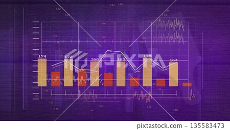 Displaying bar line chart in purple gradient, with yellow red bars and labeled white line graph Displaying bar line chart in purple gradient, with yellow red bars and labeled white line graph 135583473