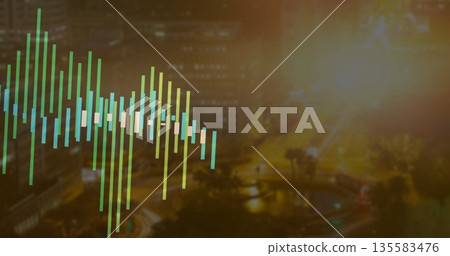 Displaying digital vertical bar visualization over towers at night, illuminated roads, copy space Displaying digital vertical bar visualization over towers at night, illuminated roads, copy space 135583476