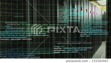 Displaying server racks shimmering in data center corridor, with code overlay, LED status lights 135583487