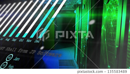 Emitting LED light, server racks lining data center, digital bar chart with JP Software, copy space Emitting LED light, server racks lining data center, digital bar chart with JP Software, copy space 135583489