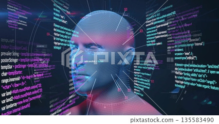 Floating glowing 3D mesh head model in virtual interface, showing code panels arrows index labels 135583490