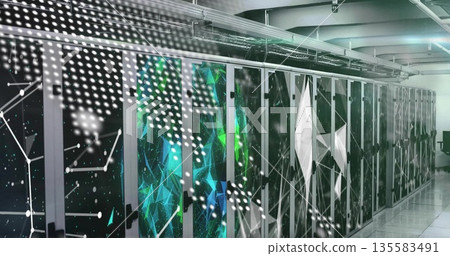 Featuring glass-fronted server racks in server room corridor, with network overlays 135583491