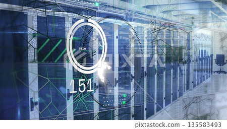 Displaying glass-fronted server cabinets lining aisle at data center, with digital network overlays 135583493