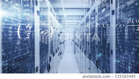 Streaming binary math overlays in data center corridor lining server racks blinking LEDs and cables 135583495