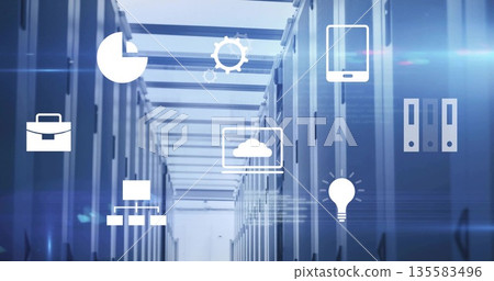 Showing walkway flanked by server racks in data center under cable trays with floating tech icons 135583496