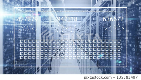 Long narrow server rack corridor showing binary code overlays in data center, with network cables 135583497