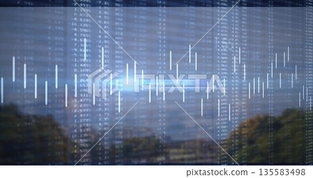 Displaying overlay moving across rural view, showing candlestick bars, ticker data and lens flare 135583498