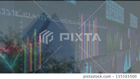 Displaying panels showing bar charts and numeric tickers on outdoor glass, reflecting trees Displaying panels showing bar charts and numeric tickers on outdoor glass, reflecting trees 135583500