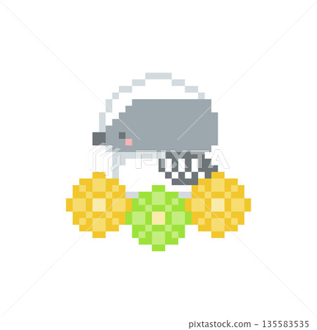 像素畫,一隻長尾山雀雛鳥側躺在黃色花朵旁。 像素畫,一隻長尾山雀雛鳥側躺在黃色花朵旁。 135583535