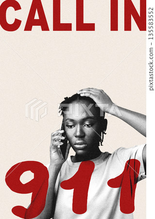 Call for help in emergency situation with person using phone for assistance 135583552