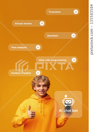 Young person in yellow hoodie showing thumbs up with AI chat bot options in the background 135583584