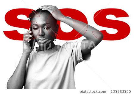 Woman on phone shows distress while seeking help in urgent situation Woman on phone shows distress while seeking help in urgent situation 135583590