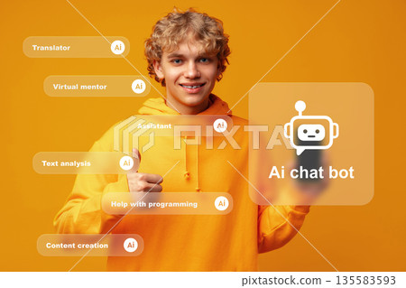 Young person holds sign about AI chat bot and its uses in various tasks 135583593