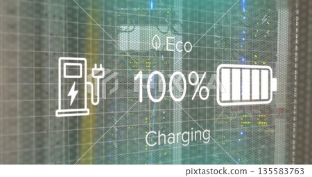 Displaying charging overlay over server racks in data center, with eco 100% battery and bolt icons 135583763