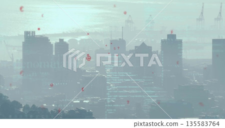 Displaying cluster of high-rise towers over harbor with code overlay and red symbols 135583764