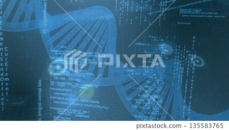 Floating translucent blue DNA helix rotating in cyberspace, with code lines and data vortices 135583765