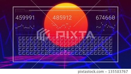 Displaying interface panel with metrics, charts and grid over neon plane, behind glowing sun 135583767