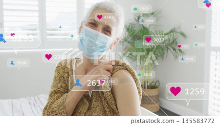 Displaying woman showing bandage wearing mask and sweater at home, with floating reaction icons 135583772