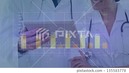 Two doctors in coats with stethoscopes using tablet at clinic, with bar and line chart overlay Two doctors in coats with stethoscopes using tablet at clinic, with bar and line chart overlay 135583778