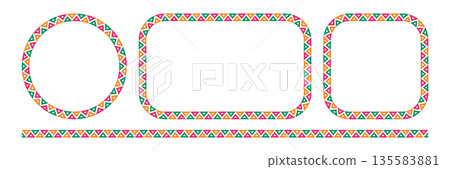 Mexican triangular pattern circle and rectangle frames set. African ethnic motif border. Aztec ornament frame. Mexican ornament. text frame. Vector illustration isolated on white background Mexican triangular pattern circle and rectangle frames set. African ethnic motif border. Aztec ornament frame. Mexican ornament. text frame. Vector illustration isolated on white background 135583881