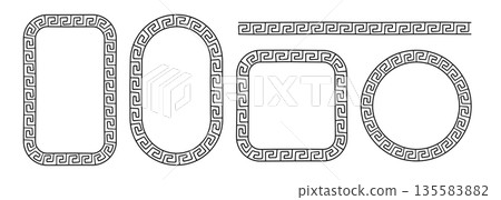 Greek doodle frames set. Hand drawn roman circle, oval and rectangle frame. Greek or Roman ancient motif border design. Ancient ornament elements. Vector illustration isolated on white background Greek doodle frames set. Hand drawn roman circle, oval and rectangle frame. Greek or Roman ancient motif border design. Ancient ornament elements. Vector illustration isolated on white background 135583882