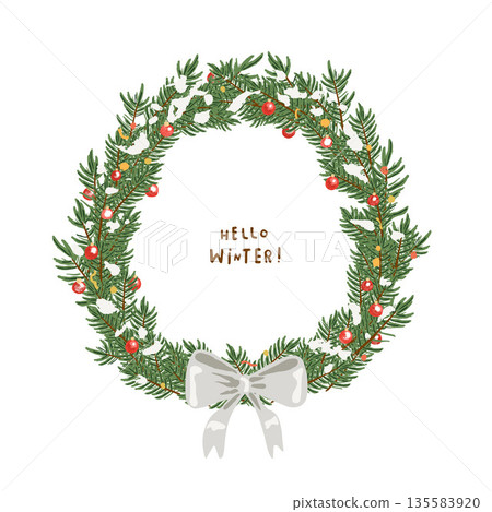 Hand drawn vector illustration of Christmas wreath with pine branches berries and decorative bow in green red colors. Classic holiday design for greeting card banner poster and seasonal decor 135583920