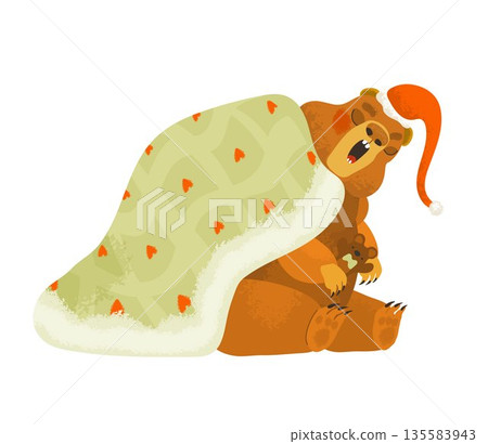 Sleeping groundhog under blanket wearing night cap Flat vector illustration in soft warm colors Isolated on white Bedtime story sleep concept children books greeting cards illustration 135583943