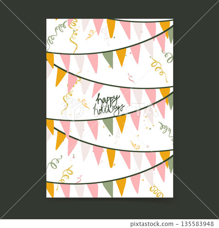 Colorful hand drawn vector card template with festive bunting flags and confetti. Good for holiday wrapping paper greeting cards party posters and celebration backgrounds Colorful hand drawn vector card template with festive bunting flags and confetti. Good for holiday wrapping paper greeting cards party posters and celebration backgrounds 135583948