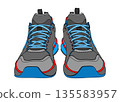 藍色和灰色運動鞋，正面照，扁平化插圖，圖示素材 135583957