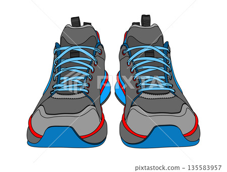 藍色和灰色運動鞋，正面照，扁平化插圖，圖示素材 135583957