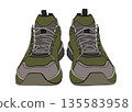 棕色和綠色卡其色運動鞋正面扁平插圖圖示素材 135583958
