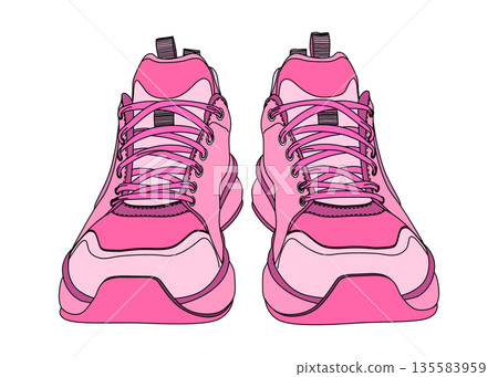 粉紅色運動鞋，正面，扁平化插圖，圖示素材 135583959