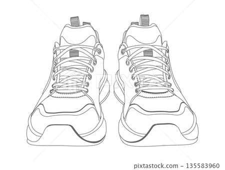 單色白色和灰色運動鞋正面扁平化插圖圖示素材 135583960