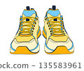 黃色和藍色運動鞋，正面照，扁平化插圖，圖示素材 135583961