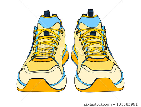 黃色和藍色運動鞋，正面照，扁平化插圖，圖示素材 135583961