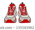 紅色和灰色運動鞋，正面視圖，扁平化插圖，圖示素材 135583962