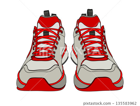 紅色和灰色運動鞋，正面視圖，扁平化插圖，圖示素材 135583962