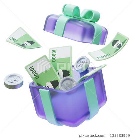 10,000 Won Bills and Coins Popping Out of a Gift Box 3D Design 135583999
