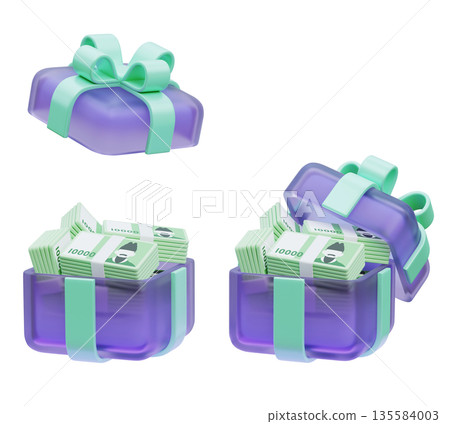 Gift Box Overflowing with 10,000 South Korean Won Bills 3D Illustration 135584003