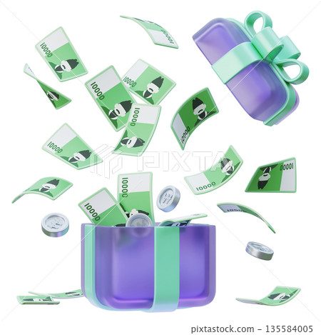 10,000 Won Bills and Coins Popping Out of a Gift Box 3D Design 135584005