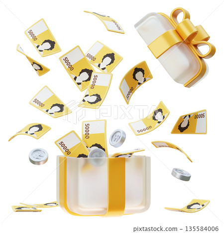 Dynamic 3D Explosion of 50,000 Won Bills and Coins from Gift Box Dynamic 3D Explosion of 50,000 Won Bills and Coins from Gift Box 135584006