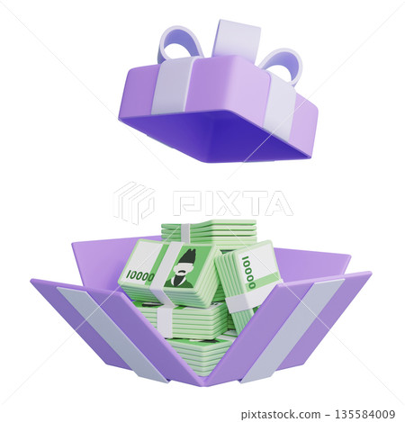 Gift Box Overflowing with 10,000 South Korean Won Bills 3D Illustration 135584009